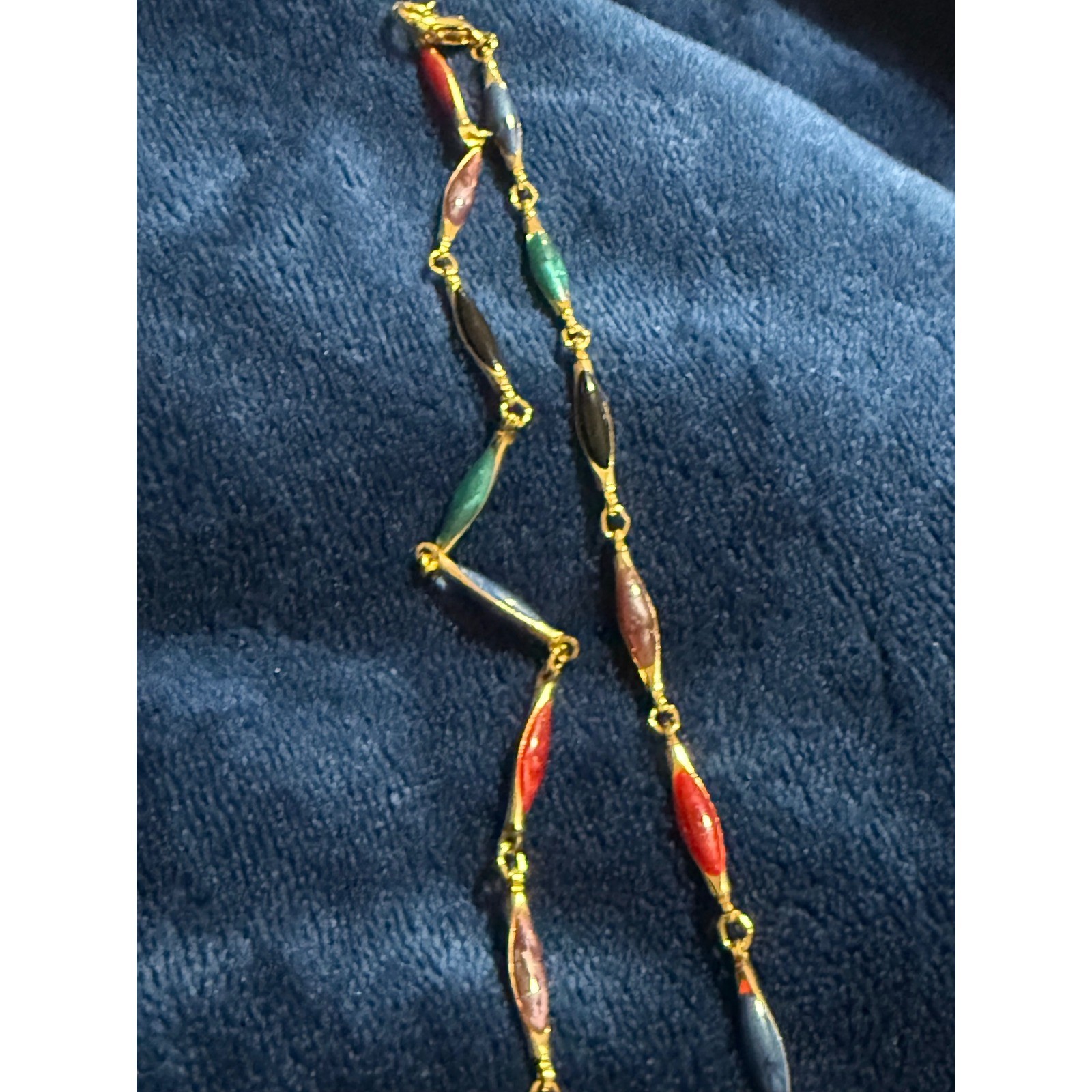 Vintage Gold Tone Multi Color Enamel Marquise Station Link Necklace 18 Inch