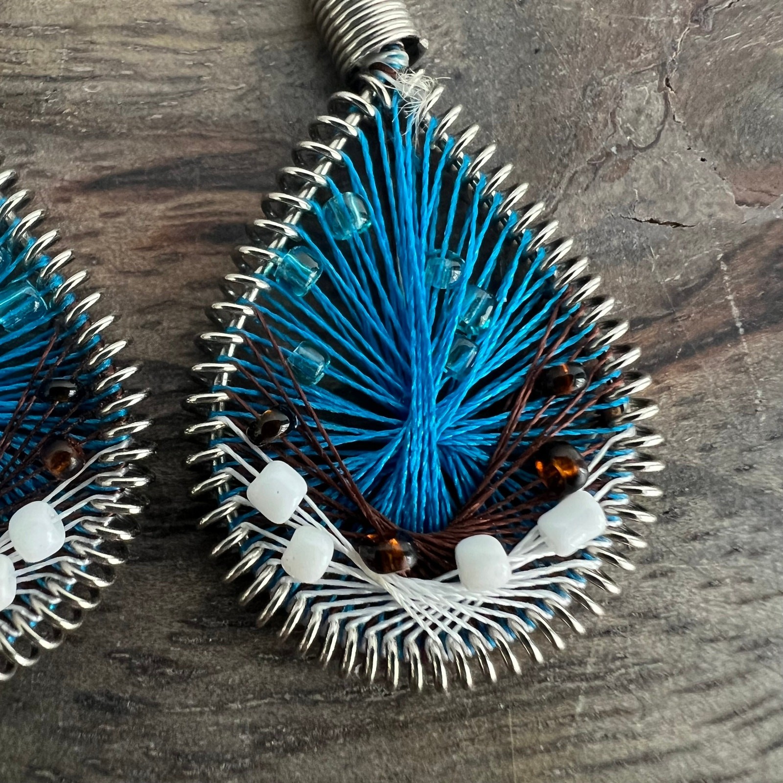 Blue black and white thread teardrop dream catcher earrings