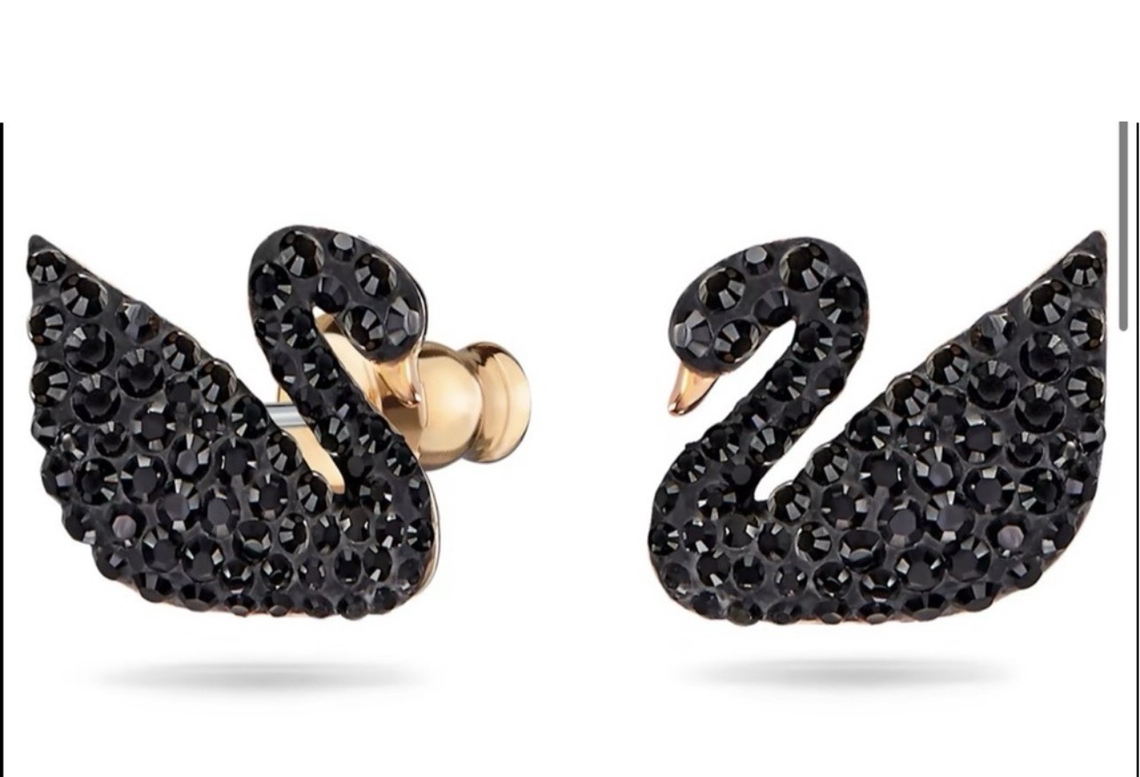 Swarovski Iconic Swan Jacket Stud Earrings Black Crystal Simulated Pearl w Box