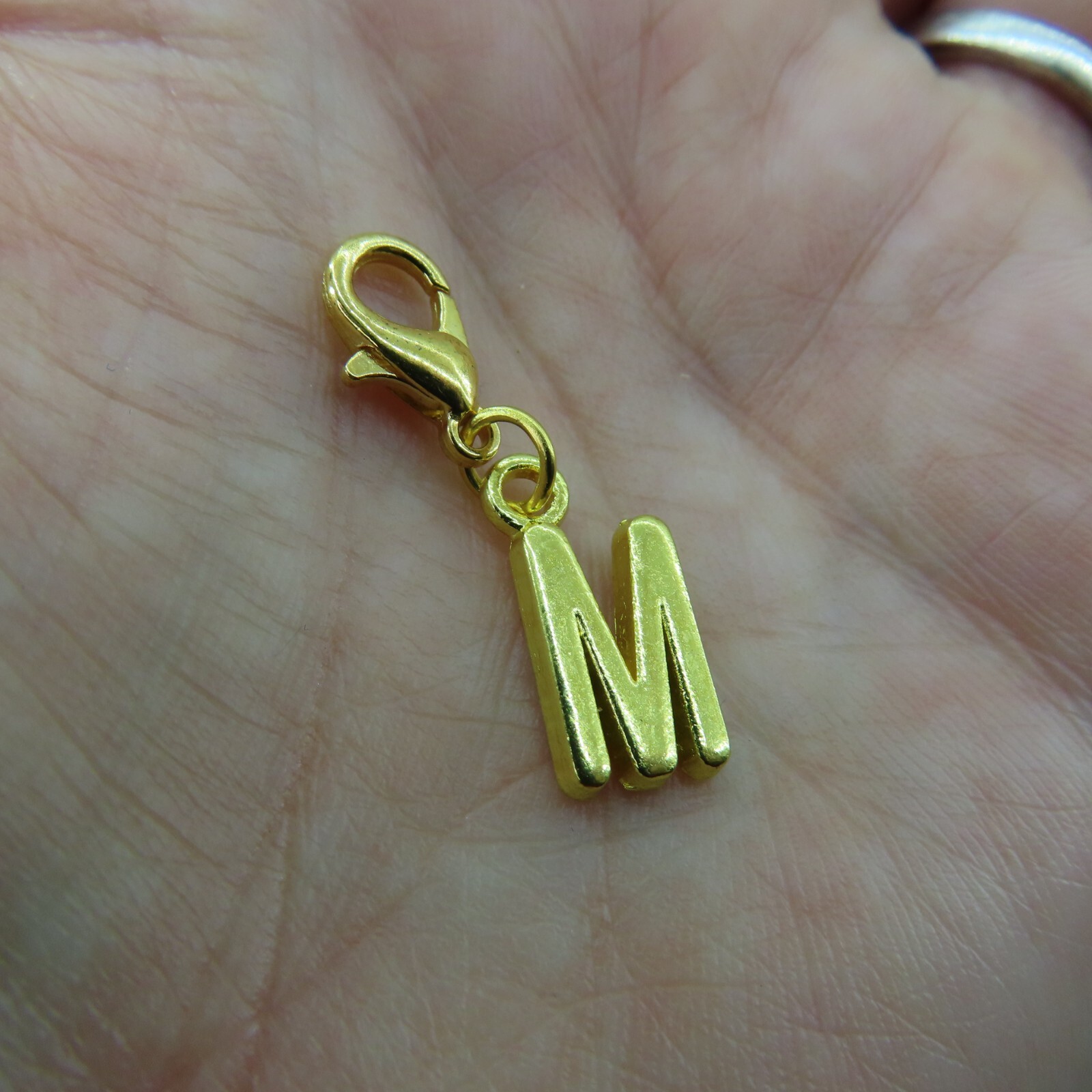 Initial LETTER M Charm Zipper Pull Keychain Add On Clip Gold Tone Alphabet