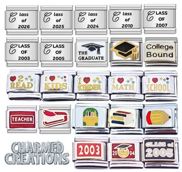 9mm Italian Charms Graduation & School Theme Class Of Teacher Crayons Books Cap