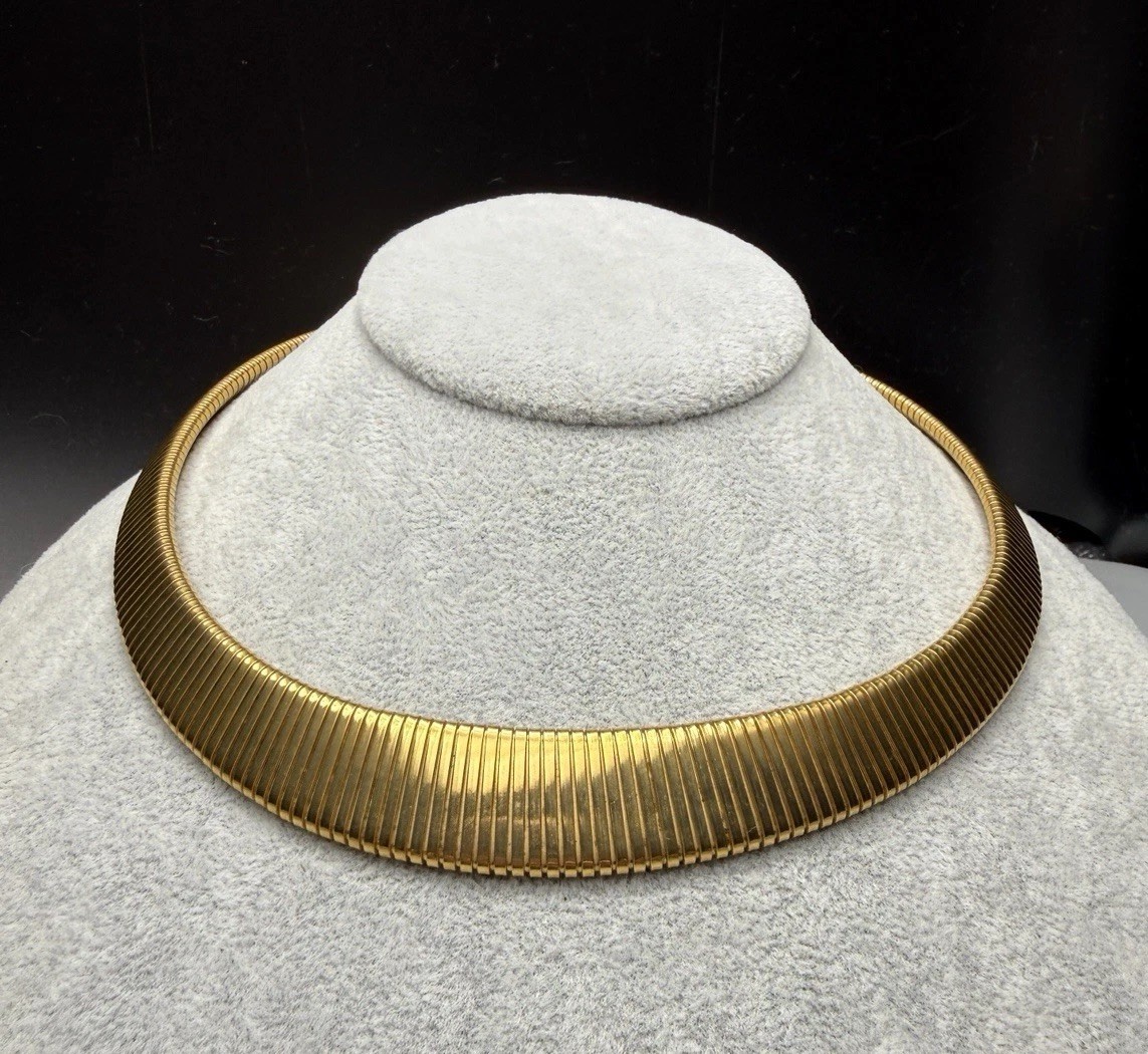 Park Lane Designer Signed Gold Plated Omega Tubogas Choker Necklace 17.5” VTG