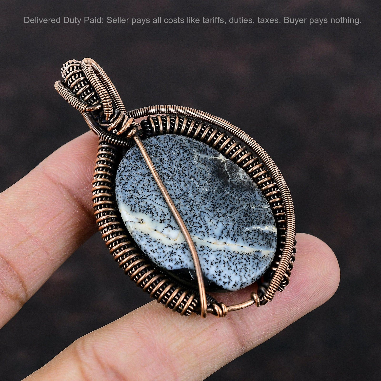Valentines Deal Oval Dendrite Opal Stone Copper New Wire Wrapped Elegant Pendant