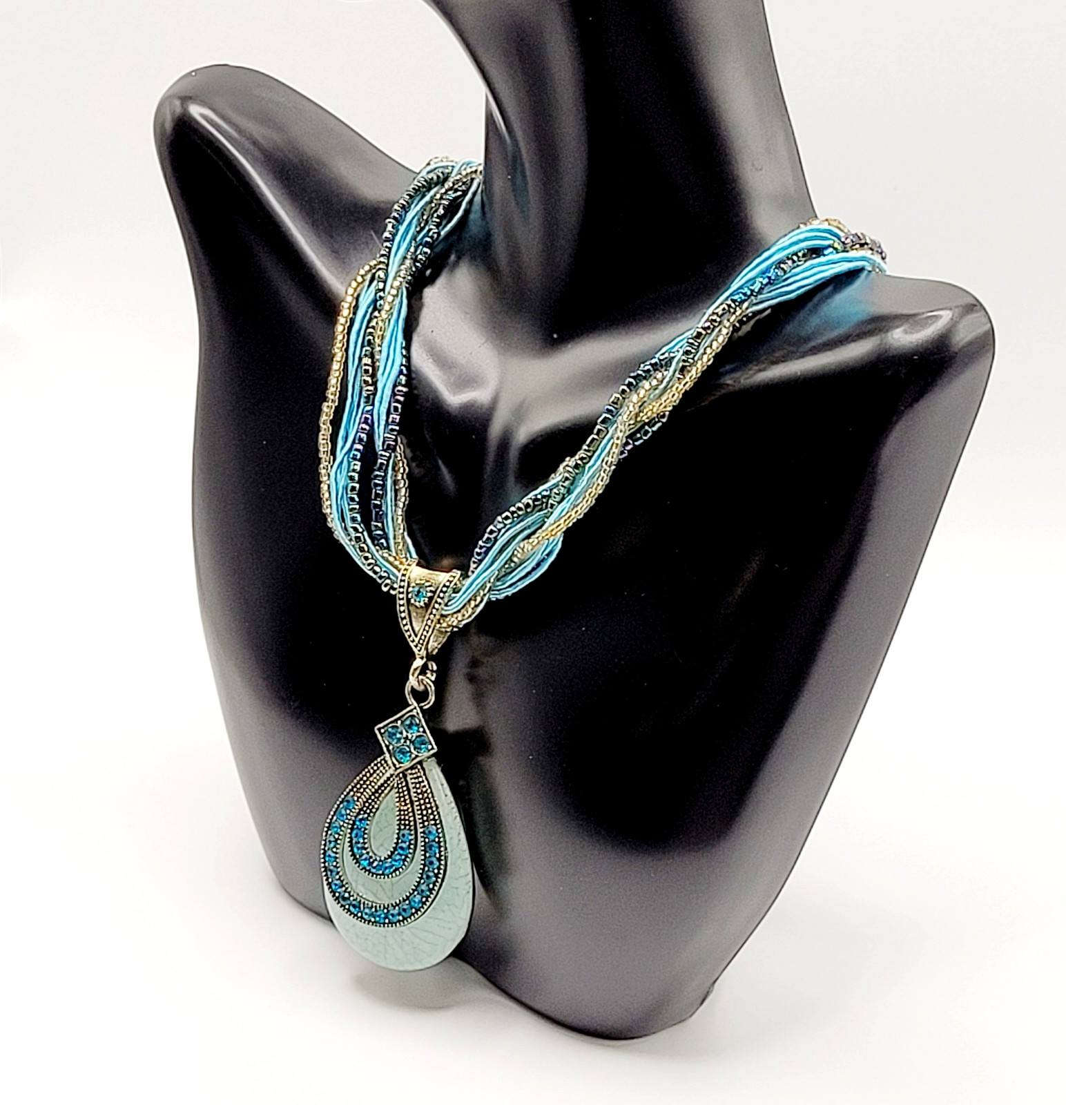 Modern Braided Multi Strand Peacock Colors Crystal Faux Stone Pendant Necklace
