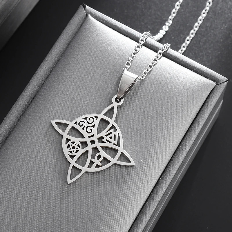Symbolic Quaternary Knot Stainless Steel Necklace Spiritual Pendant 23.5in Chain