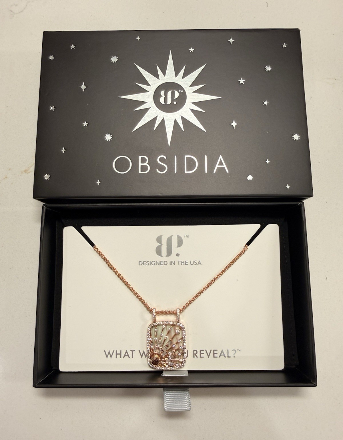 Obsidia Rose Gold Plated Rutilated Quartz Lab-Created Rectangle Pendant 18″