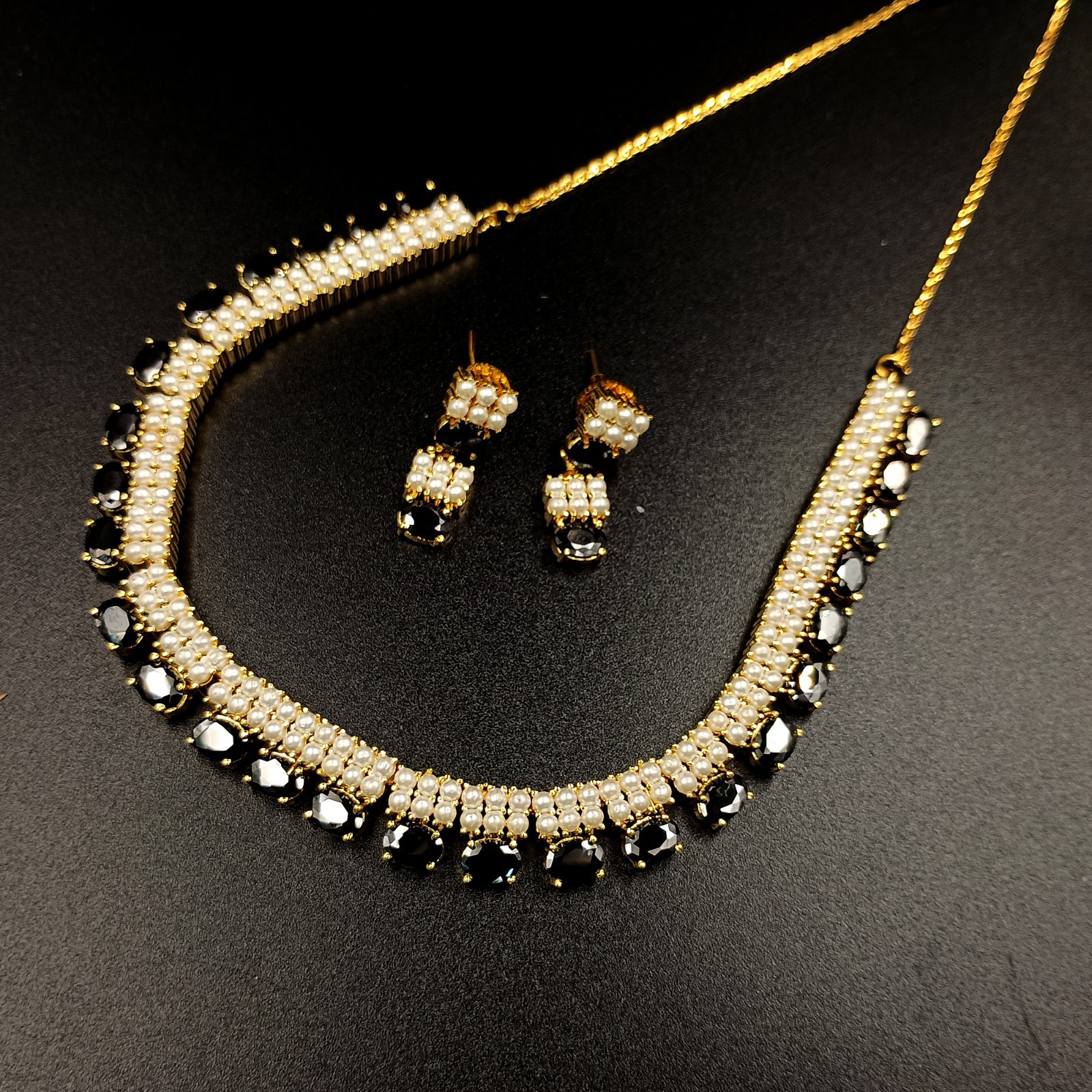 22k Gold Plated Black Onyx Choker Necklace Set Pearls Indian Temple Festival New