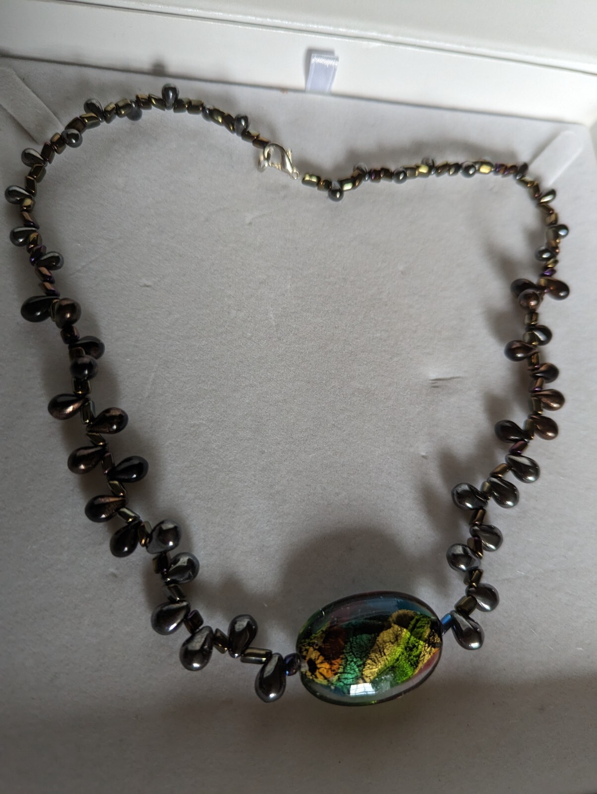 Designer Necklace Hematite Beaded with Dichroic Glass Pendant 32g & 16″ Long