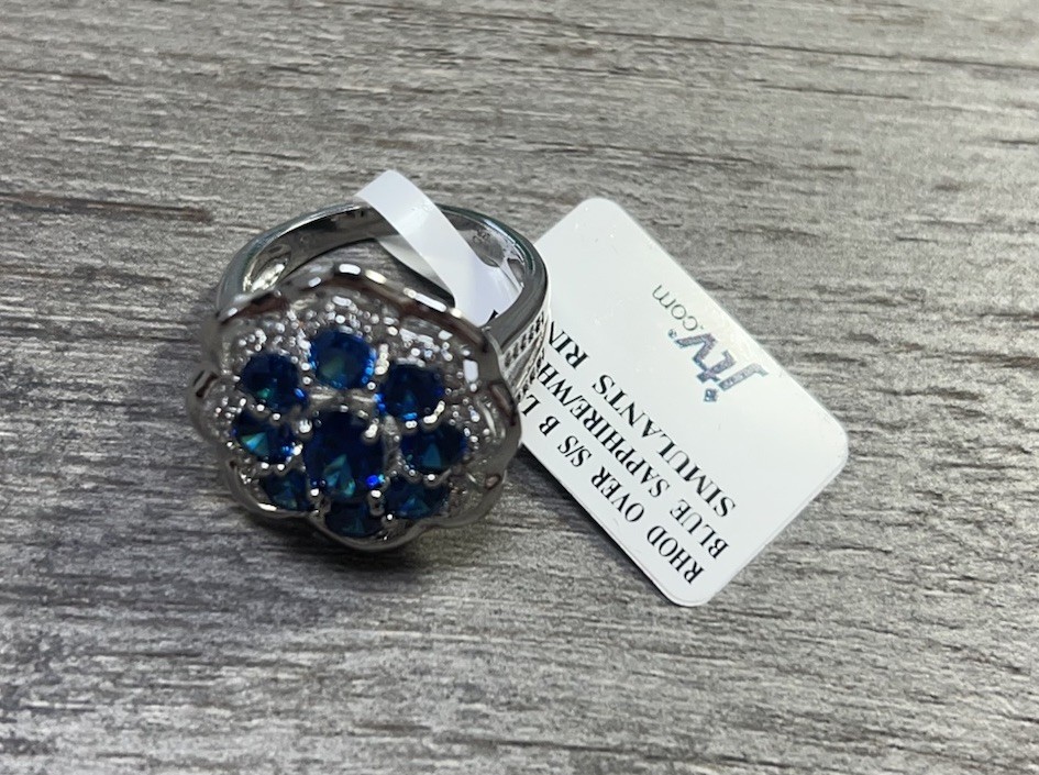 Blue Saphire White Diamond Simulants 925 Sterling Silver Sz8 6G New