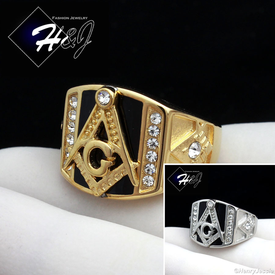 MEN’s Stainless Steel Silver/Gold/Black Plated Cubic Zirconia MASONIC Ring*R94