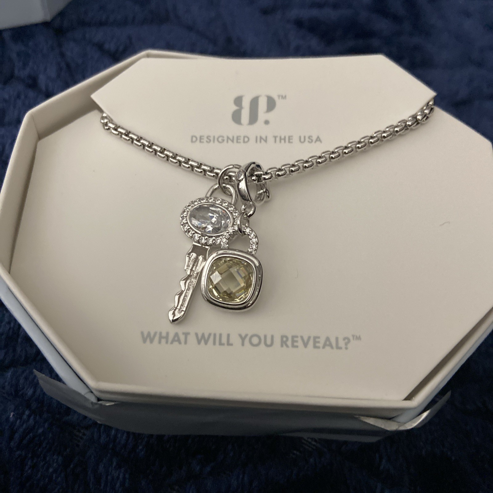 Bomb Party LOCK & KEY Necklace NK56635 ‘The Key To Dreams’ Lemon CZ on Rhodium