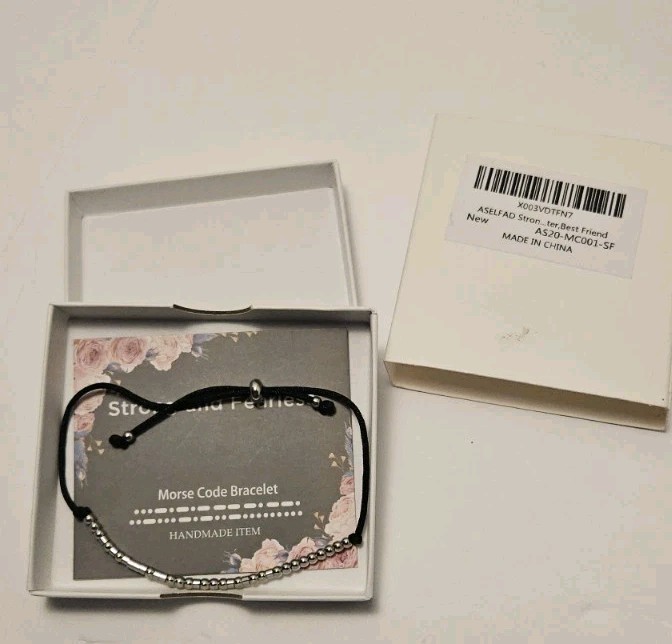 “Strong and Fearless” Morse Code Adjustable Bolo Beaded Bracelet Black
