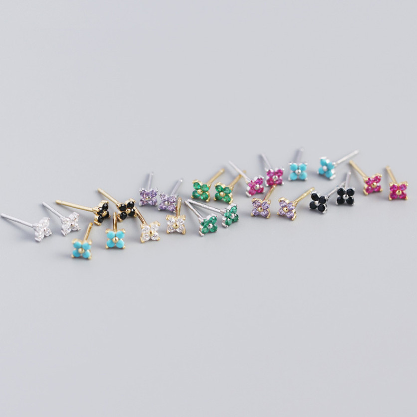 925 Sterling Silver Tiny Turquoise CZ Clover Stud Earrings 4mm Gift Box PE21