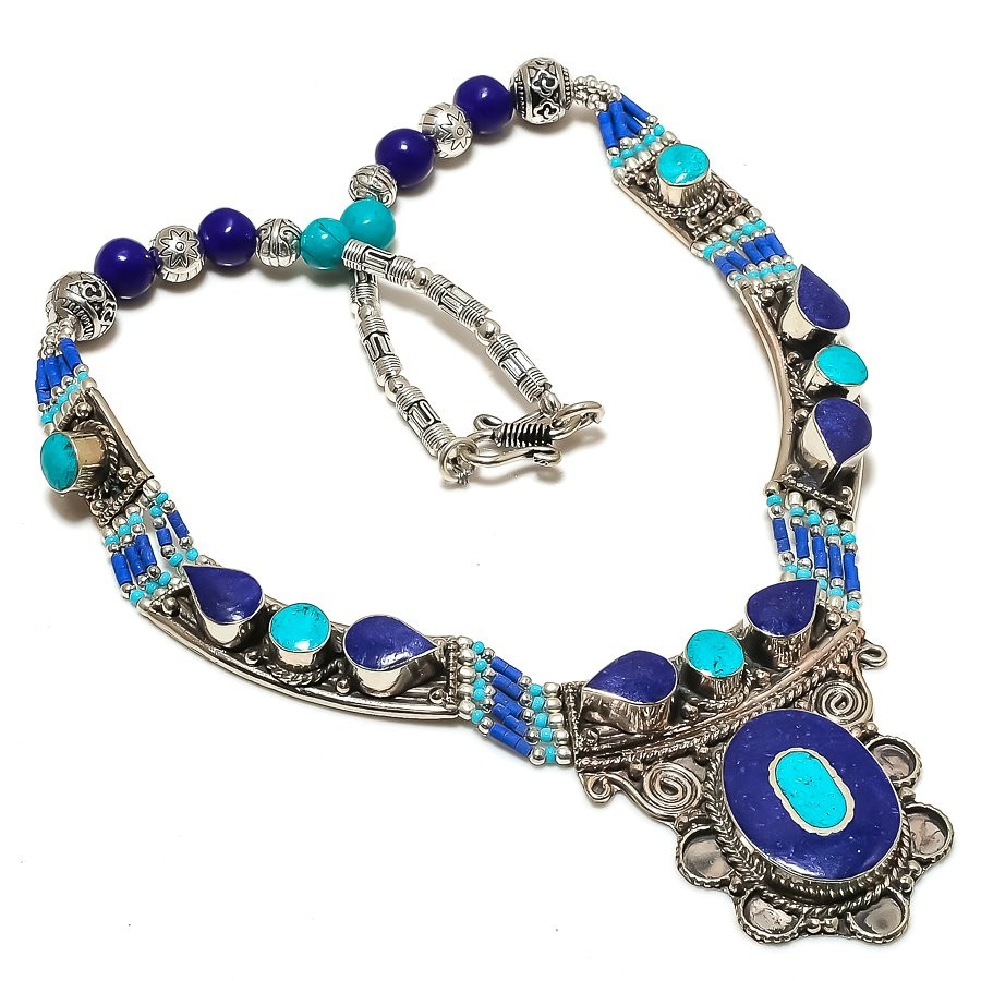 Turquoise Lapis Lazuli Gemstone Necklace Tibetan Nepali Vintage Jewelry 18″ N116