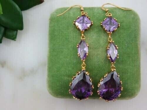 4 Ct Pear Cut Simulated Amethyst Drop/Dangle Earrings In 14K Yellow Gold Plated