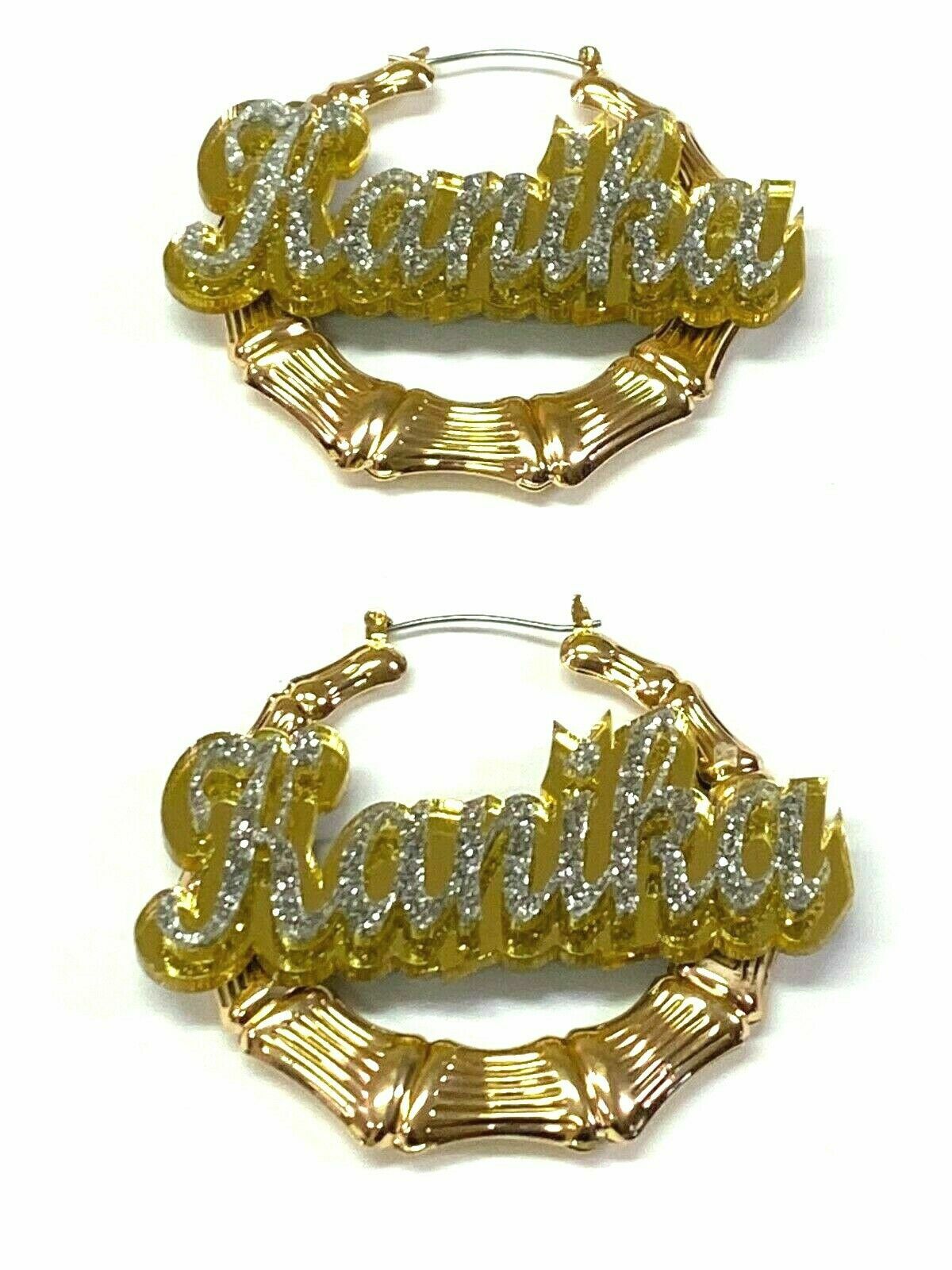 Personalized Custom Gold Bamboo Earrings 2.5″ Name Plate Laser Cut Diamond Look