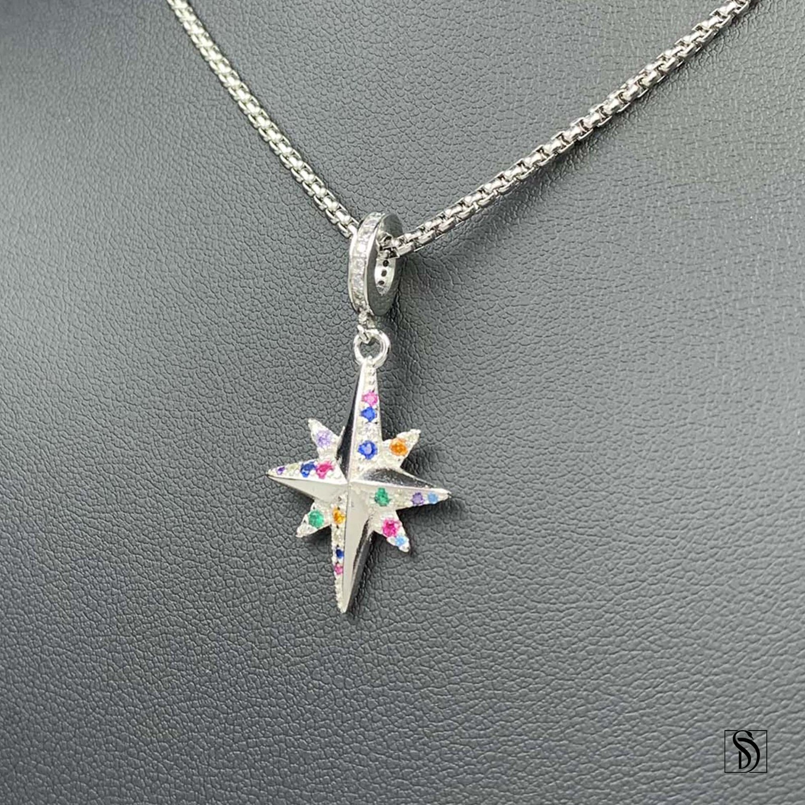 Rainbow Gemstone North Star Pendant Necklace Premium Sterling Silver Charm Gift