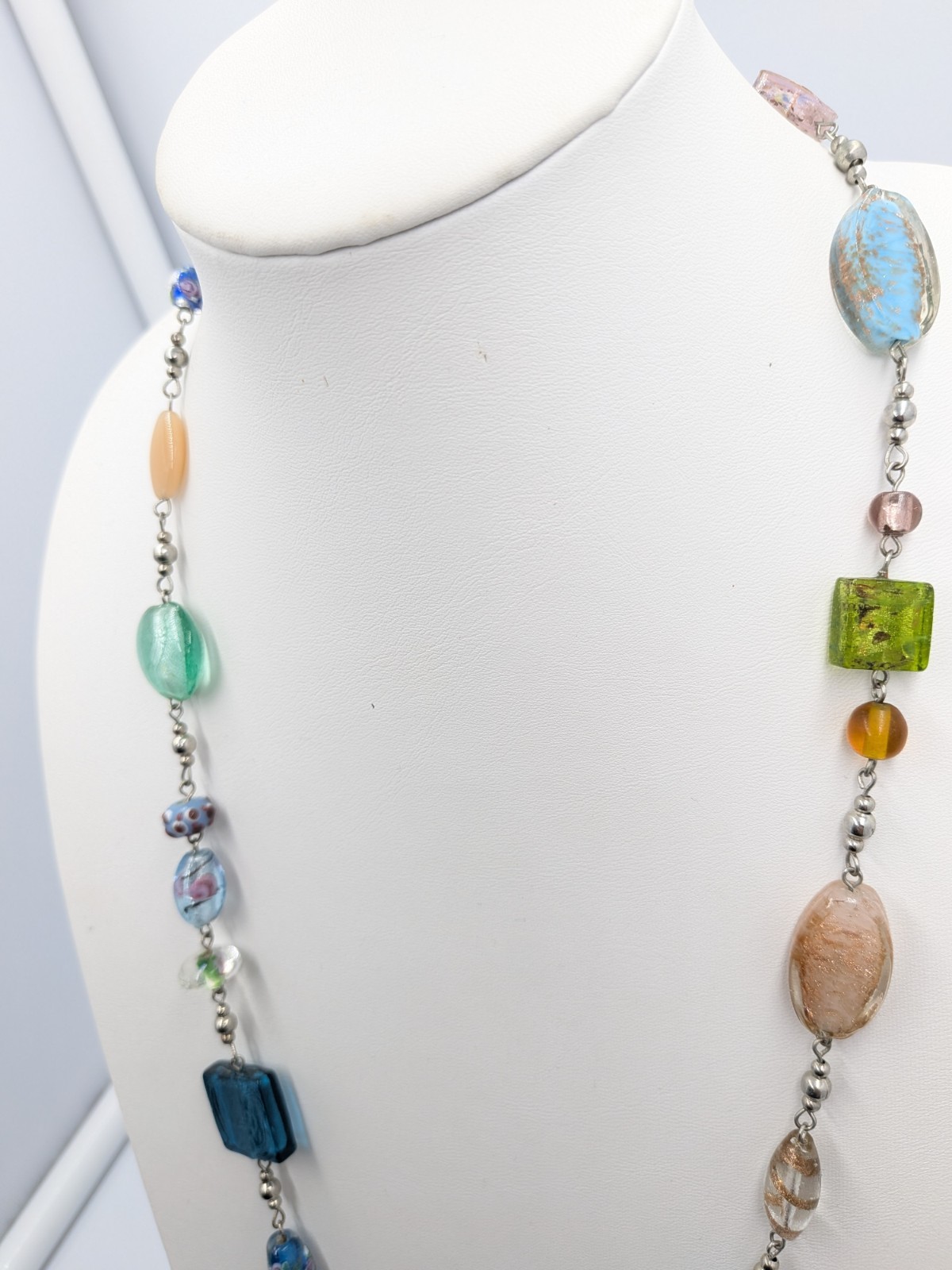 Premier Designs Necklace 35 in Colorful Art Glass Silver Tone Long Bead Strand