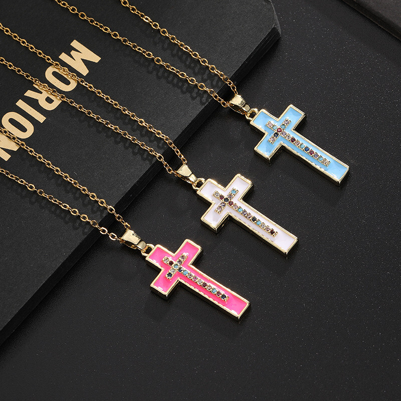 Fashion Cross Religious Necklace and Pendant White Blue Pink Oil Drop Woman Gift