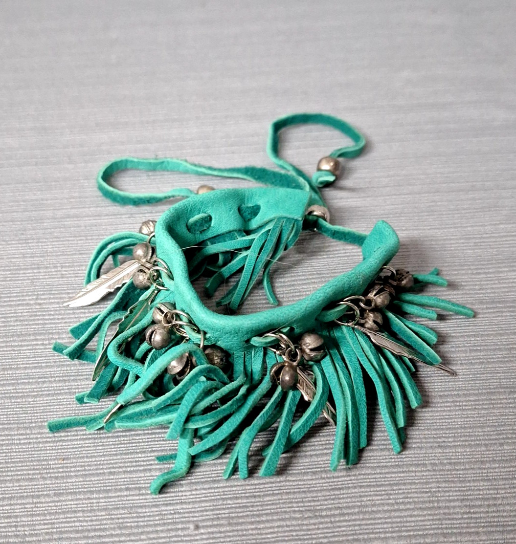 Faux Leather Anklet Green Fringe Cuff Bell Feather Bead Boho Festival