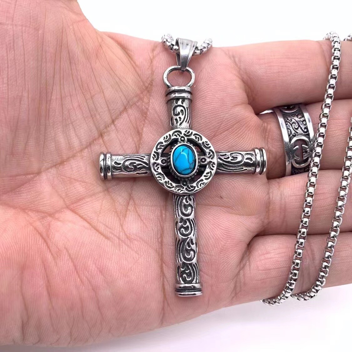 Vintage Turquoise Celtic Cross Pendant Necklace Religious Jewelry For Men Women