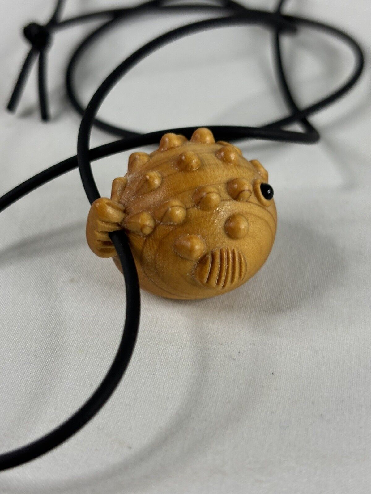 Puffer Fish Tiki Necklace Wood with Black Eyes 1″ Black Cord Surfer Beach Cute