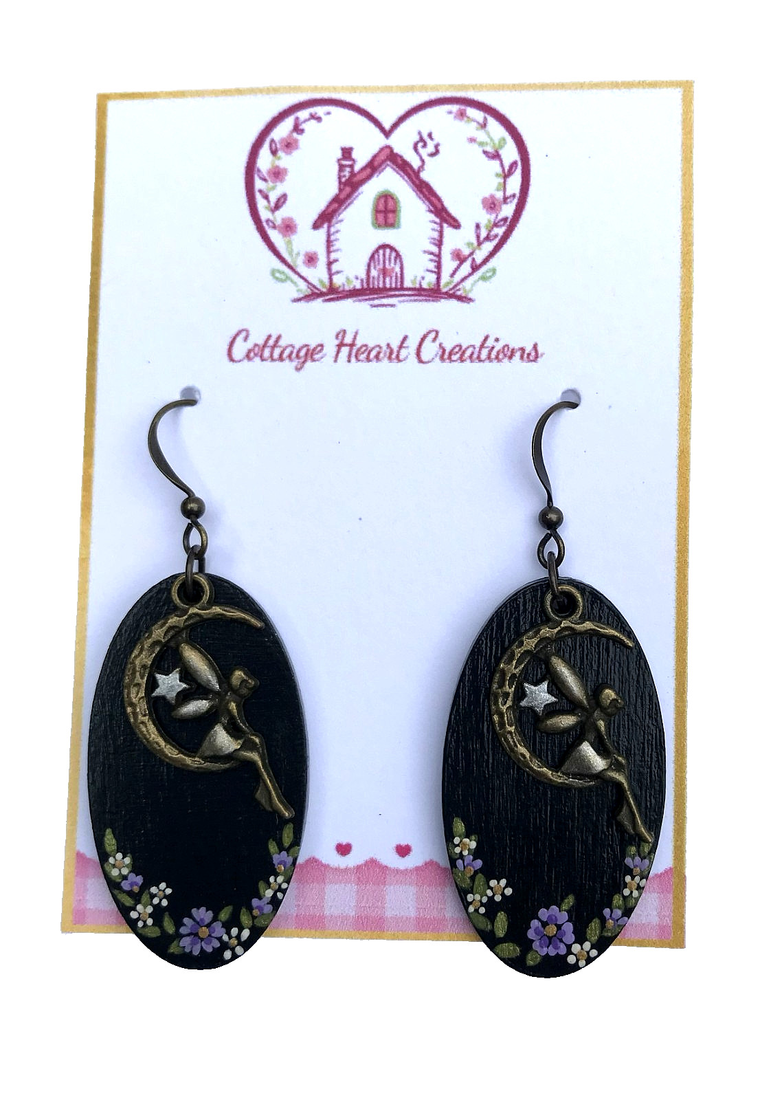 Artisan Hand Painted Black Purple Moonlit Fairy Garden Wood Dangle Earrings