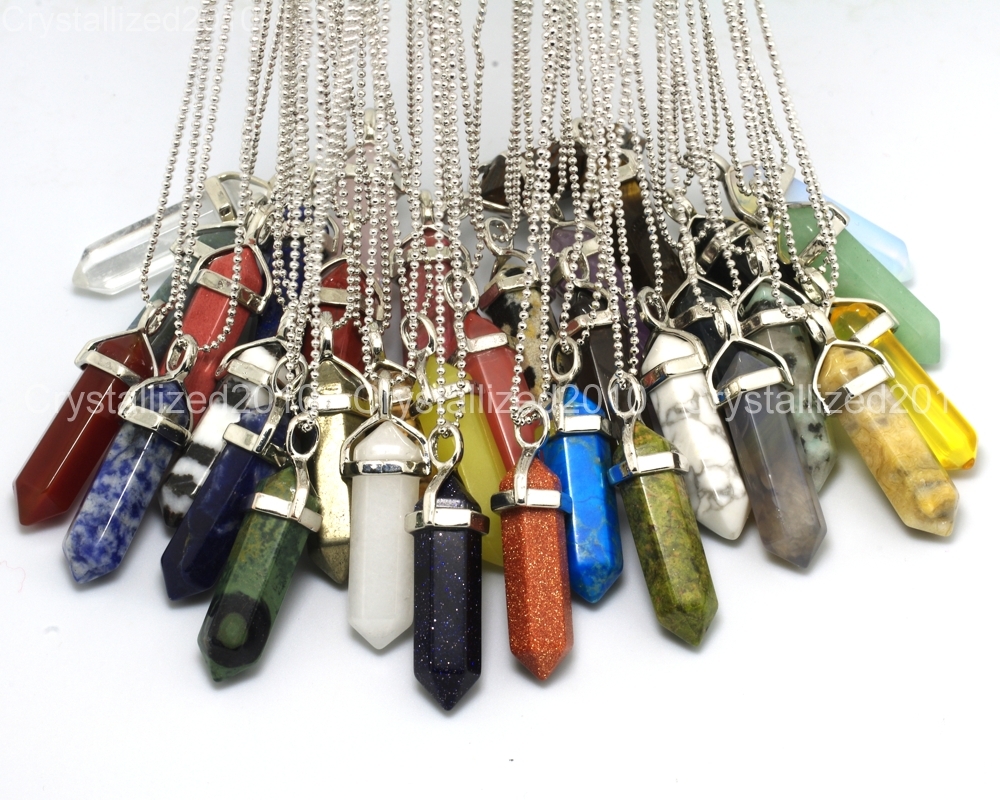 Natural Gemstones Hexagonal Pointed Reiki Chakra Pendant Necklace 18K Silver