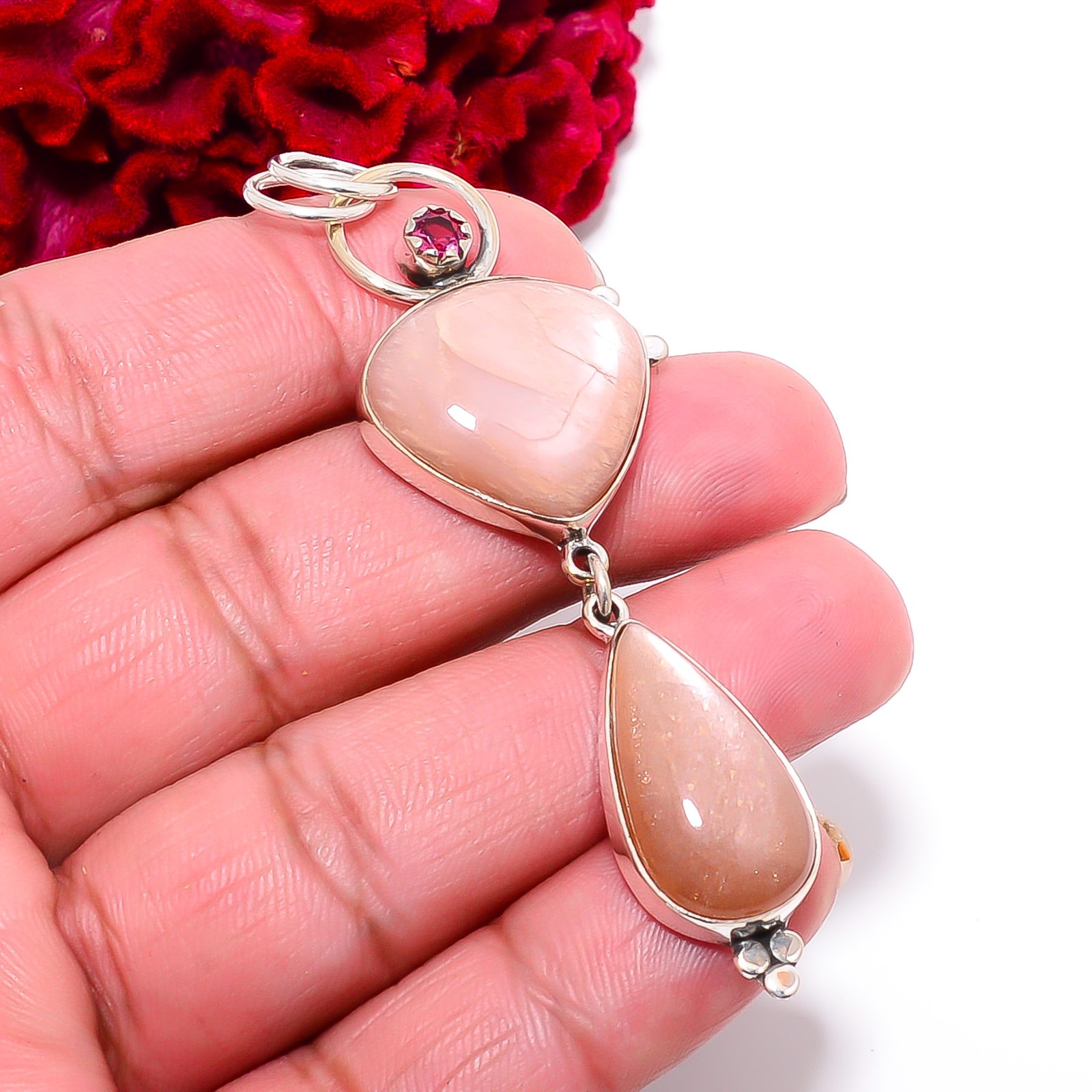 Peach Moonstone – Sri Lanka & Pink Tourmaline 925 Silver Pendant 3.12″ P10181962