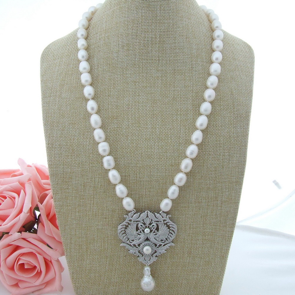 24” 14x26MM White Rice Pearl Necklace  CZ Pendant