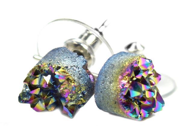 Druze Gemstone Crystal Earstud Earring Silver Brown Blue Rhodium Plated