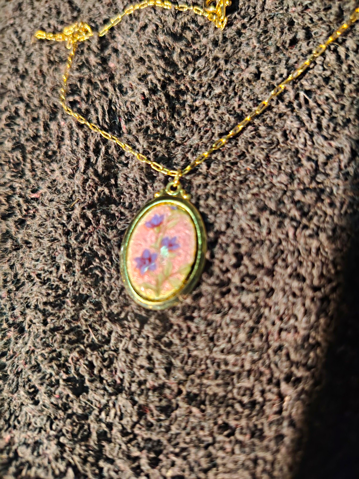 Gold Tone Metal Chain Necklace, Purple Oval Floral Bezel Charm Pendant