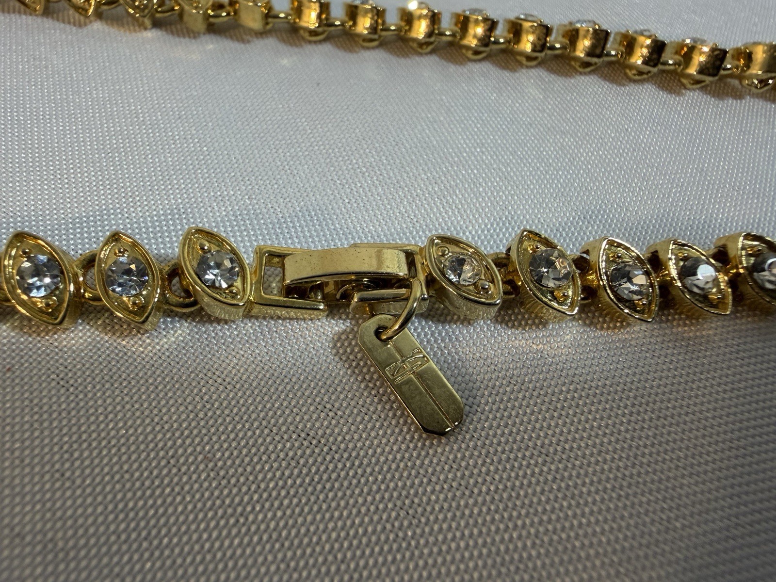 Gold Tone Crystal Tennis Necklace Marquise Link Box Clasp 18”
