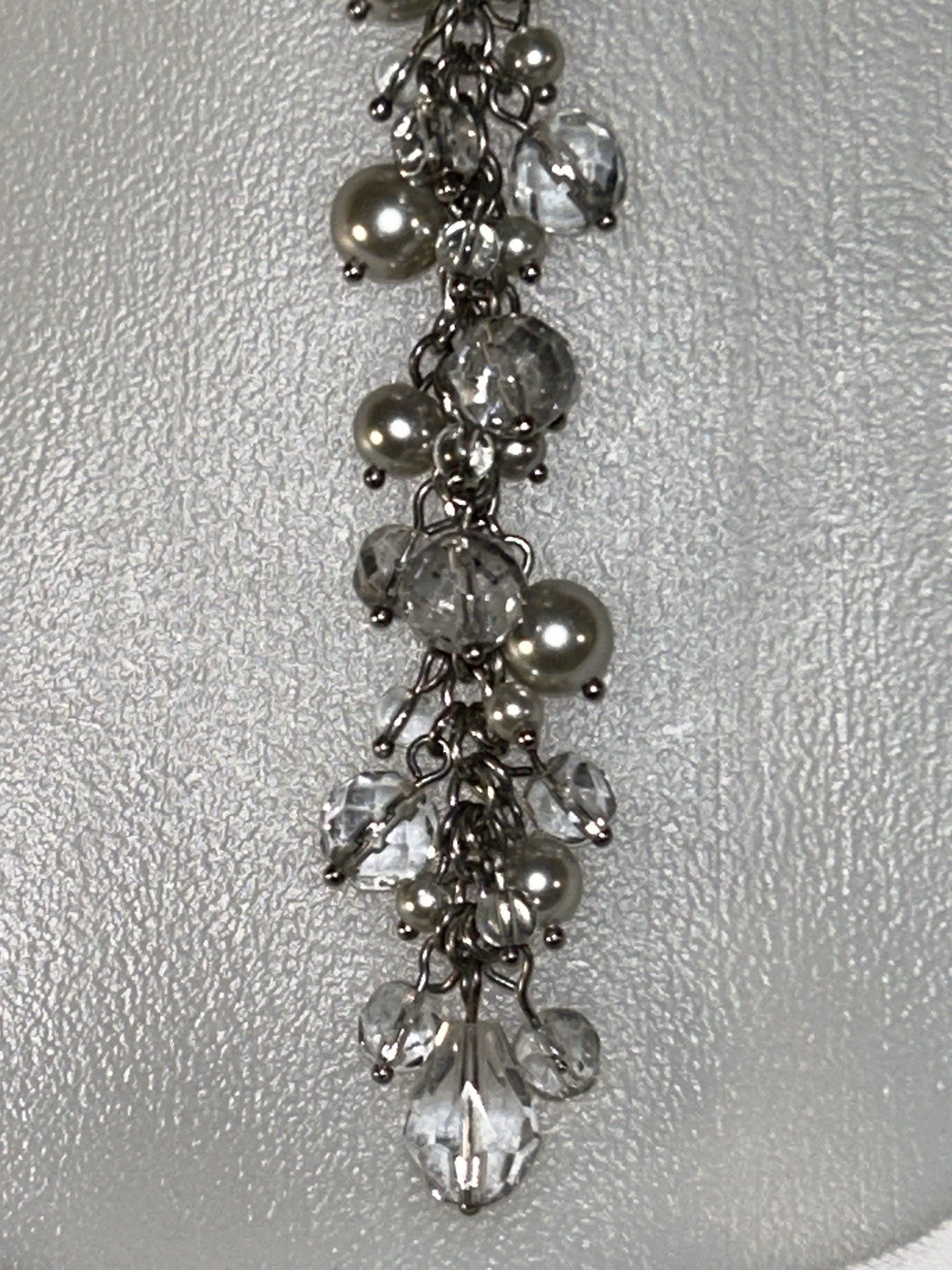 Carolee Y Drop Statement Necklace Pearl & Crystal Beads Chunky Cluster Silver
