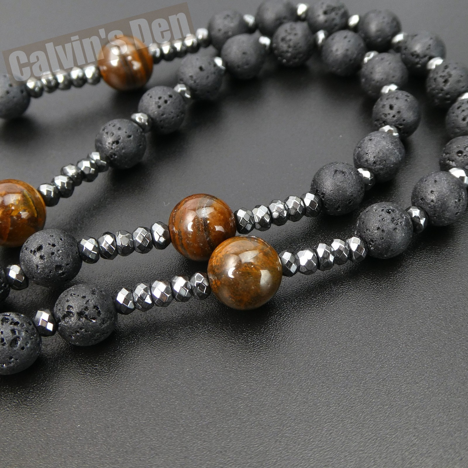 Gothic Punk Cross Pendant Lava Stone Tiger Eye Beads Rosary Necklace Men Gift