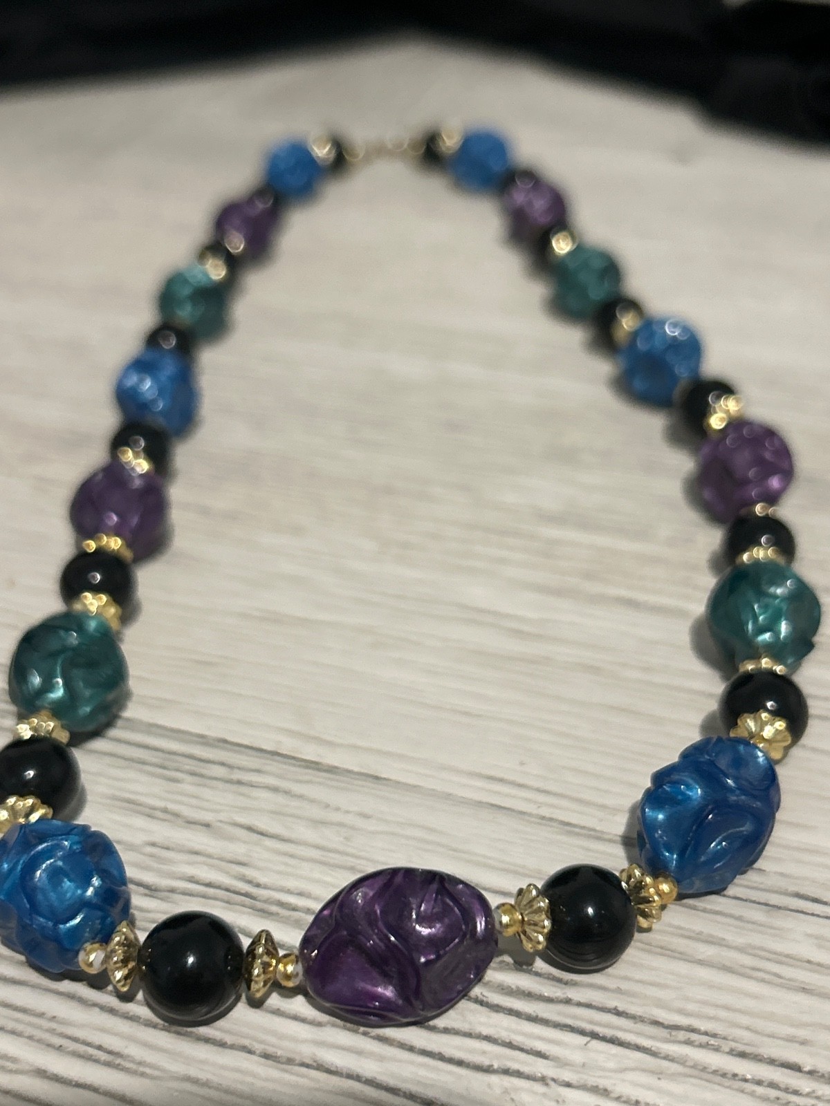 Multi Color Beaded Necklace with Gold-Tone Accents. 23” Purple Blue Green Black