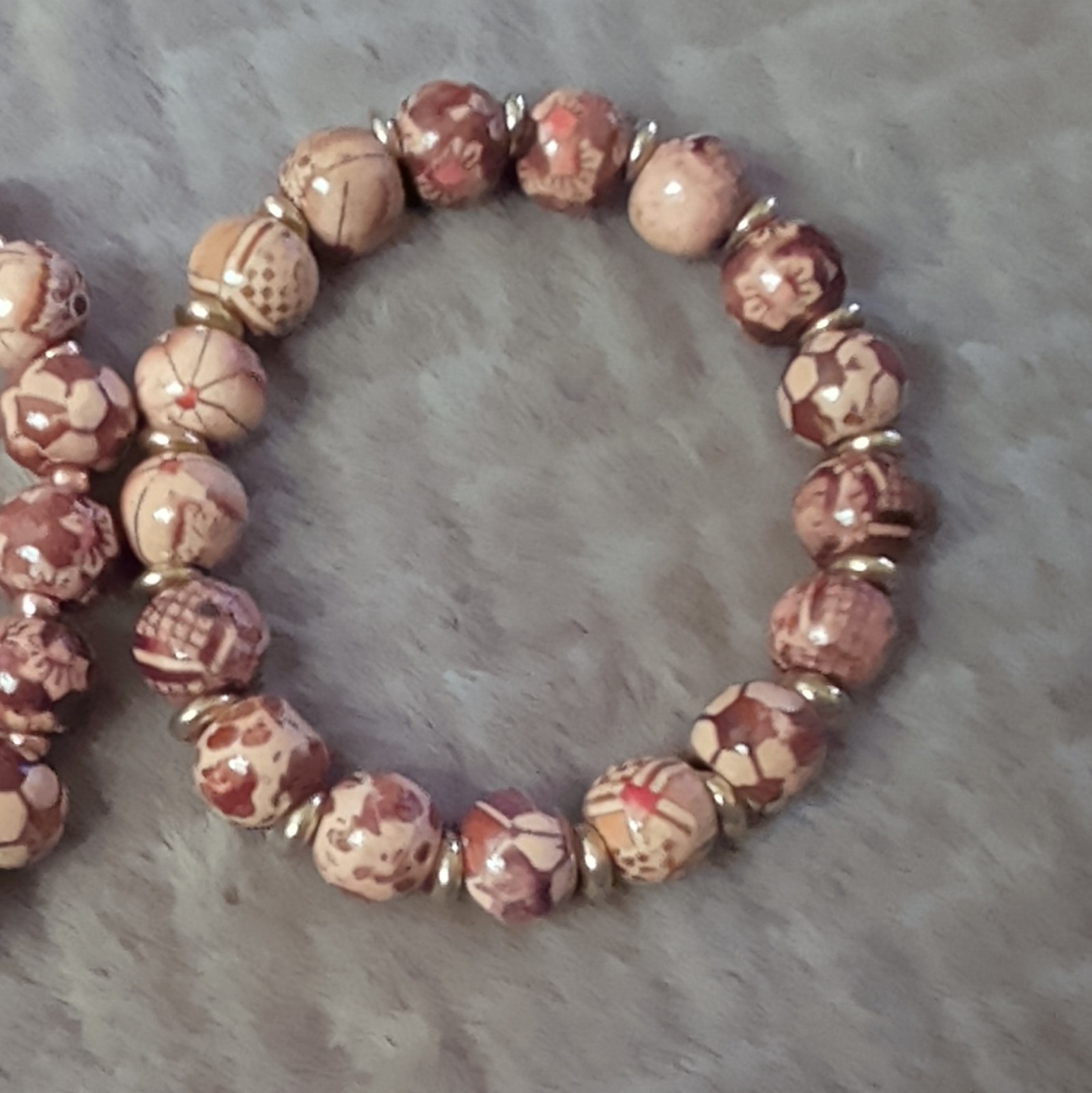 Pink/Brown/Gold Round Beaded Stretch Stackable Bracelets Set of 2 No Stone