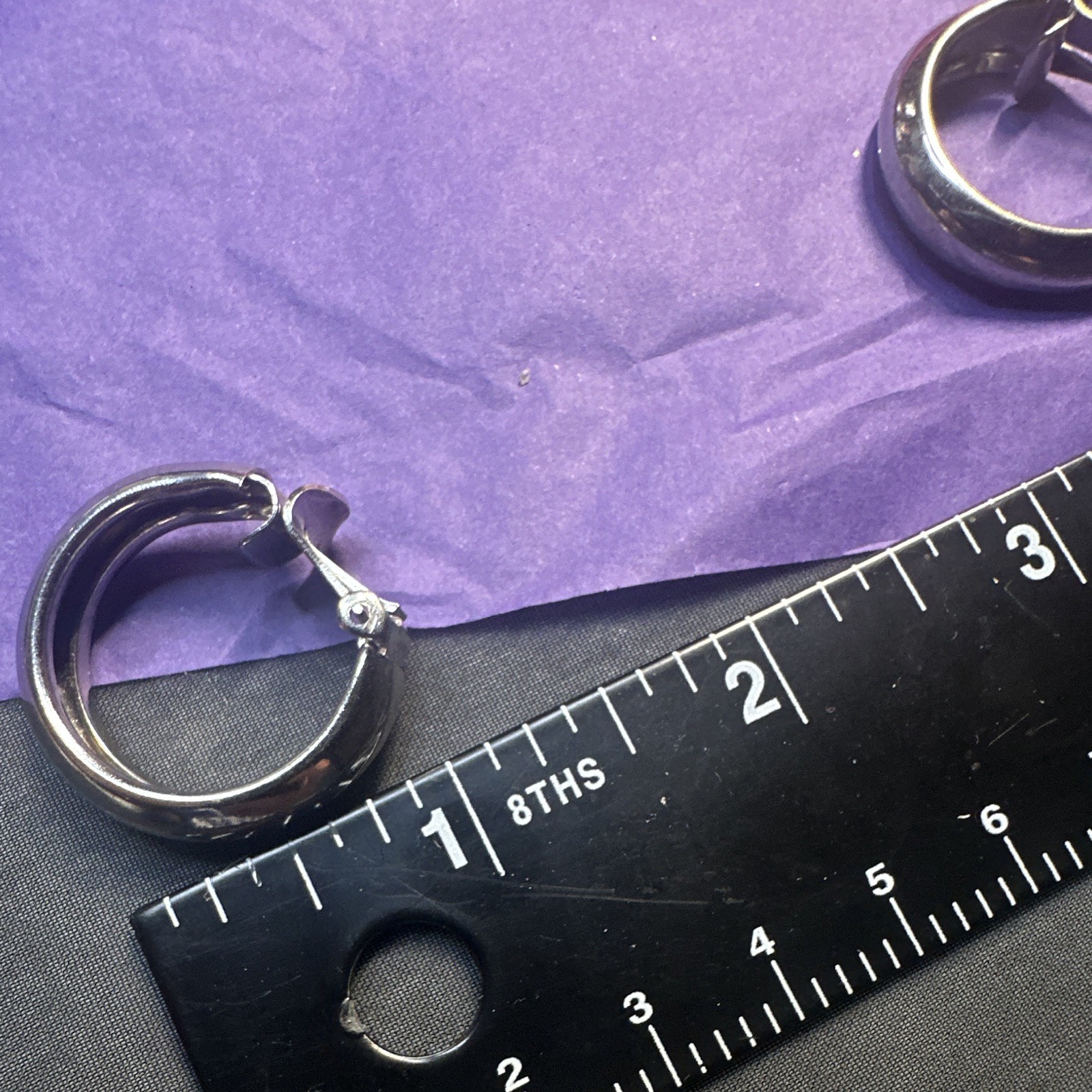 Silver Tone Stainless Steel Hoop Earrings Snap Closure Signed 1 in Pair
