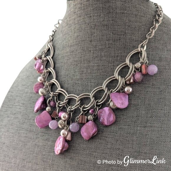 Silver Tone Bib Necklace with Pink Shell Chips Faux Pearls and Acrylic Beads