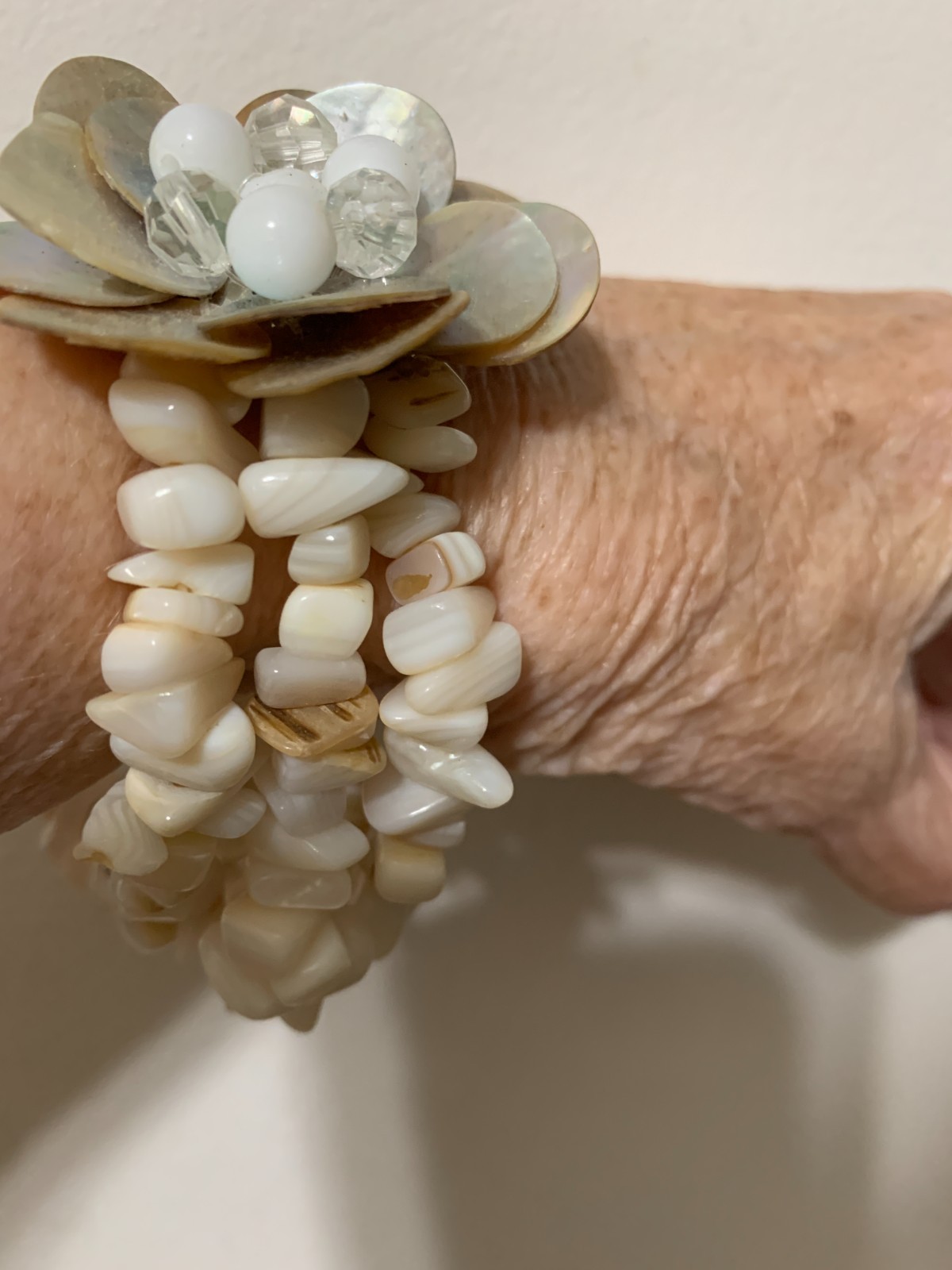 Fashion Seashell bracelet, glass beads and crystals on a triple stretch band, 8″