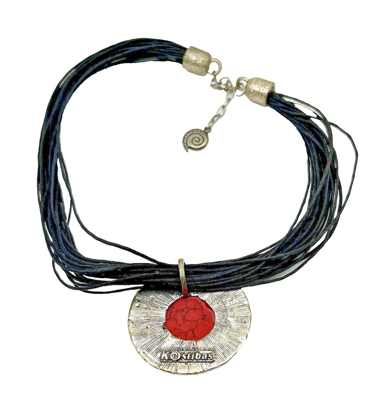 Kostibas Hellas Pendant Necklace Choker Silver Pewter Hammered Swirl 16”- 18”