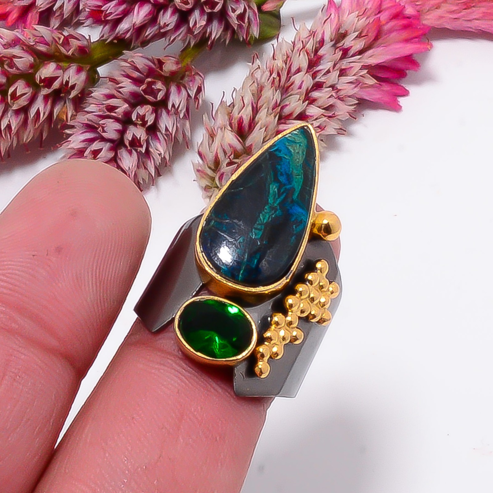 Chrysocolla, Chrome Diopside Gold Plated 925 Sterling Silver Ring s.9 Sku52