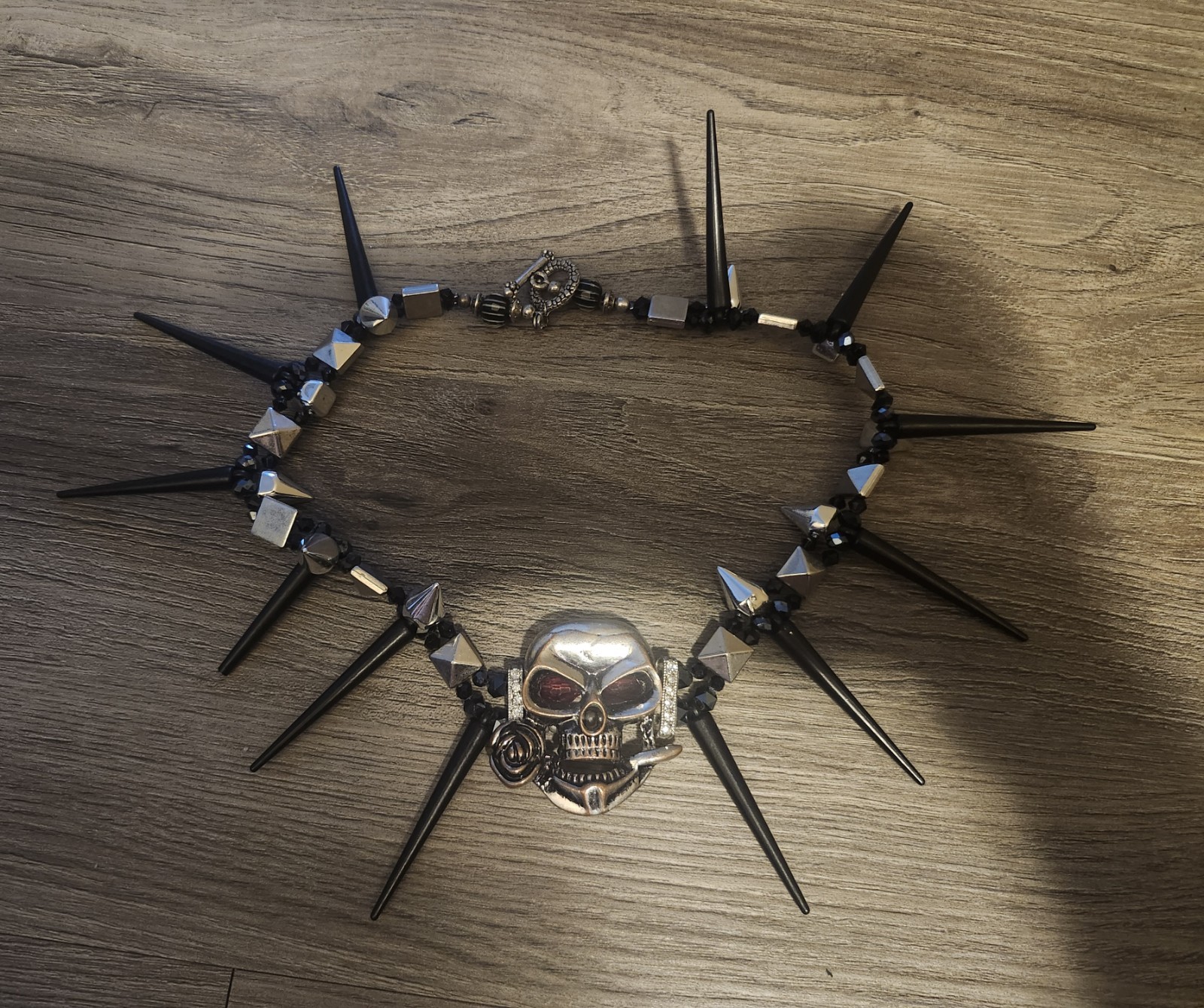 handmade Skull Spiked Gothic Punk Choker Necklace Black Silver Metal Plastic