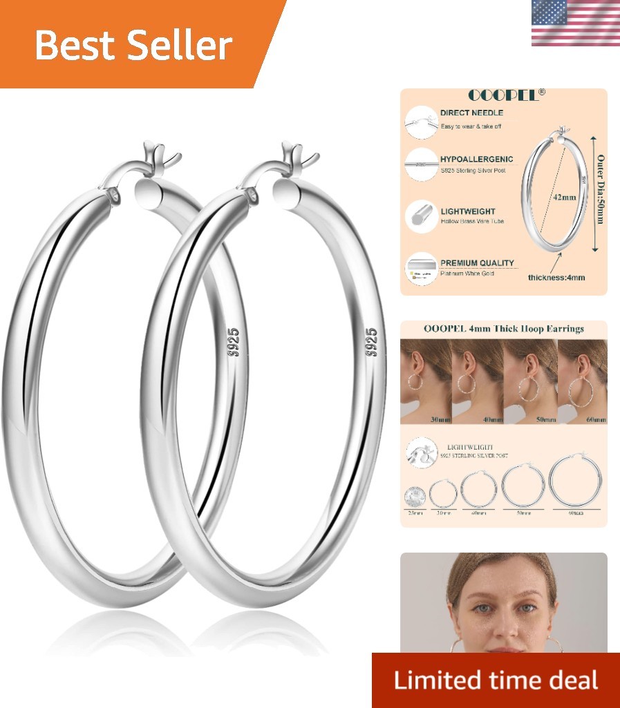 Stunning 4mm Thick Gold Chunky Hoop Earrings – Sterling Silver Post – 20-60MM