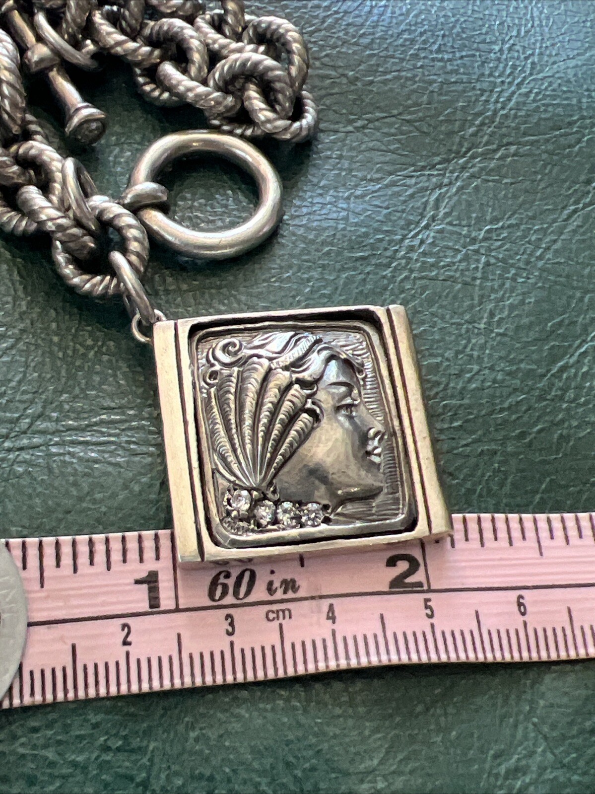 NATALIE BARONI Sterling Silver Portrait Charm Bracelet With Cz Signed 7.5”