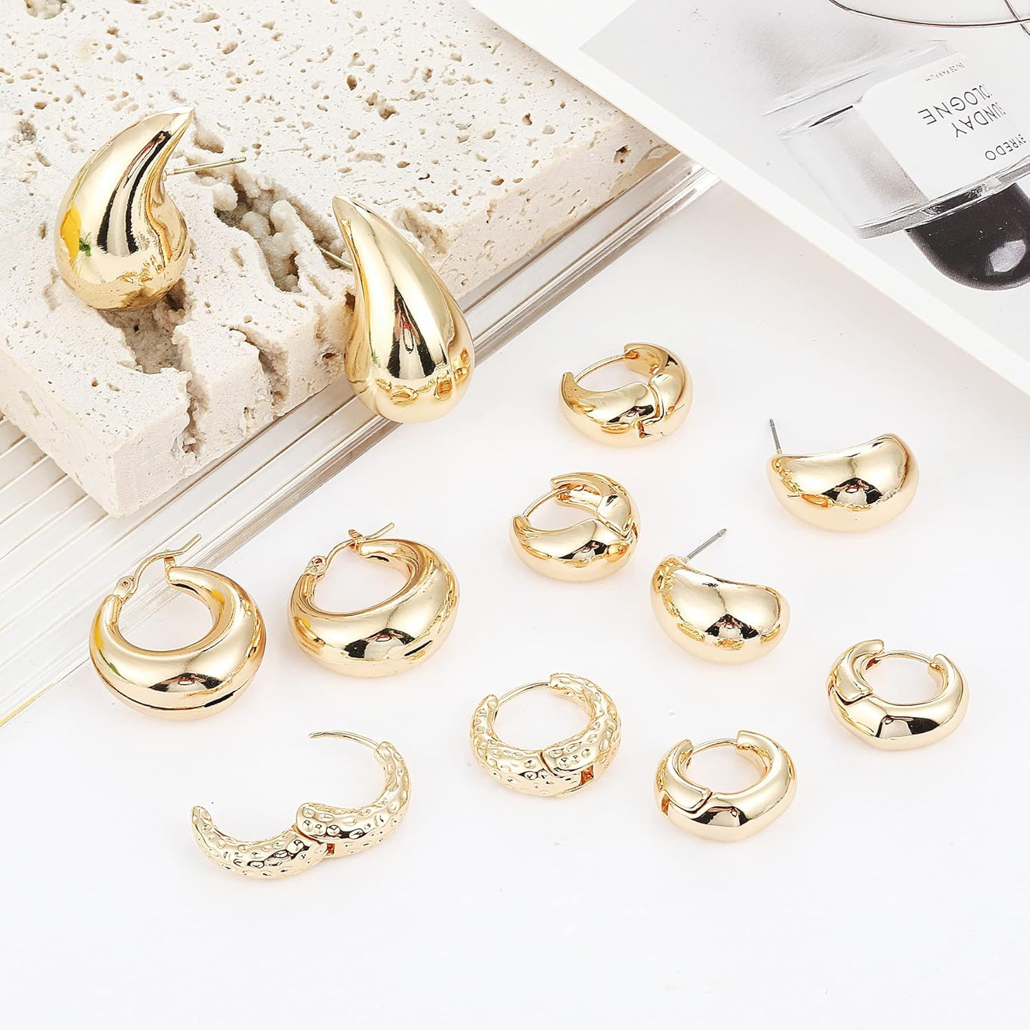 6 Pairs Gold Hoop Earrings Set for Women Hypoallergenic, 14K Gold Plated Lightwe