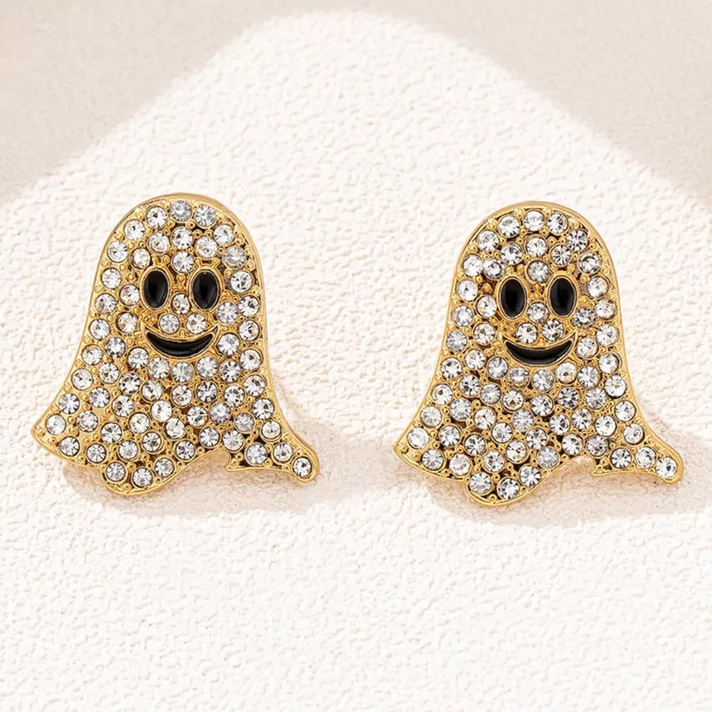 Halloween Ghost Stud Earrings Women Gold-Tone Crystal Rhinestone Pavé Cute