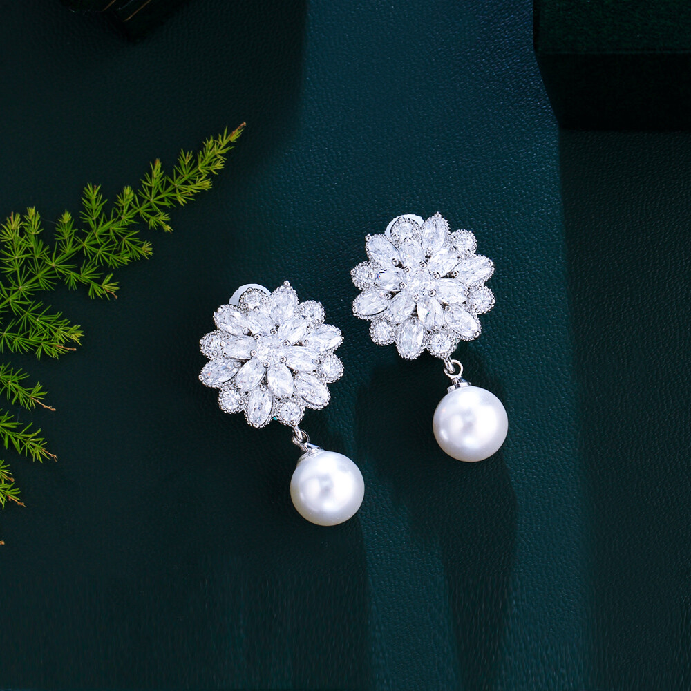 CWWZircons CZ Crystal Pearl Flower Non Pierced Clip on Drop Earrings for Women