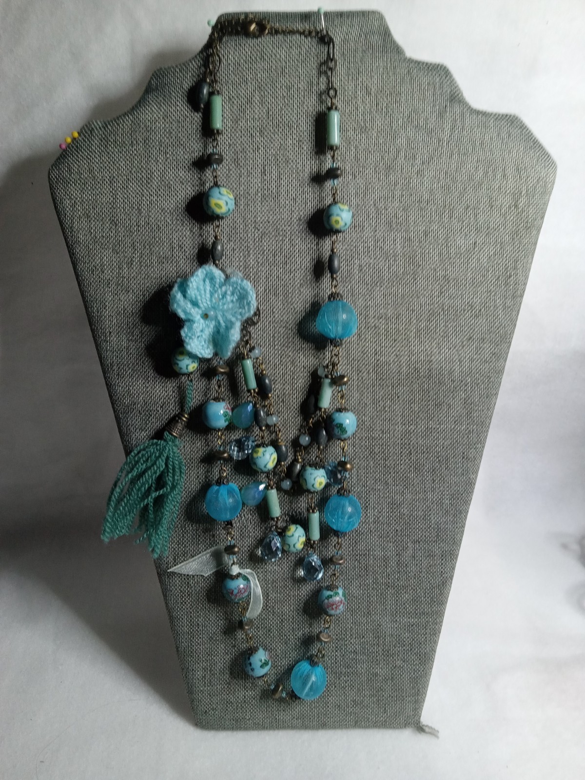 Vintage Turquoise Crocheted Blue flower Beads Necklace Multii-Strand Tassel