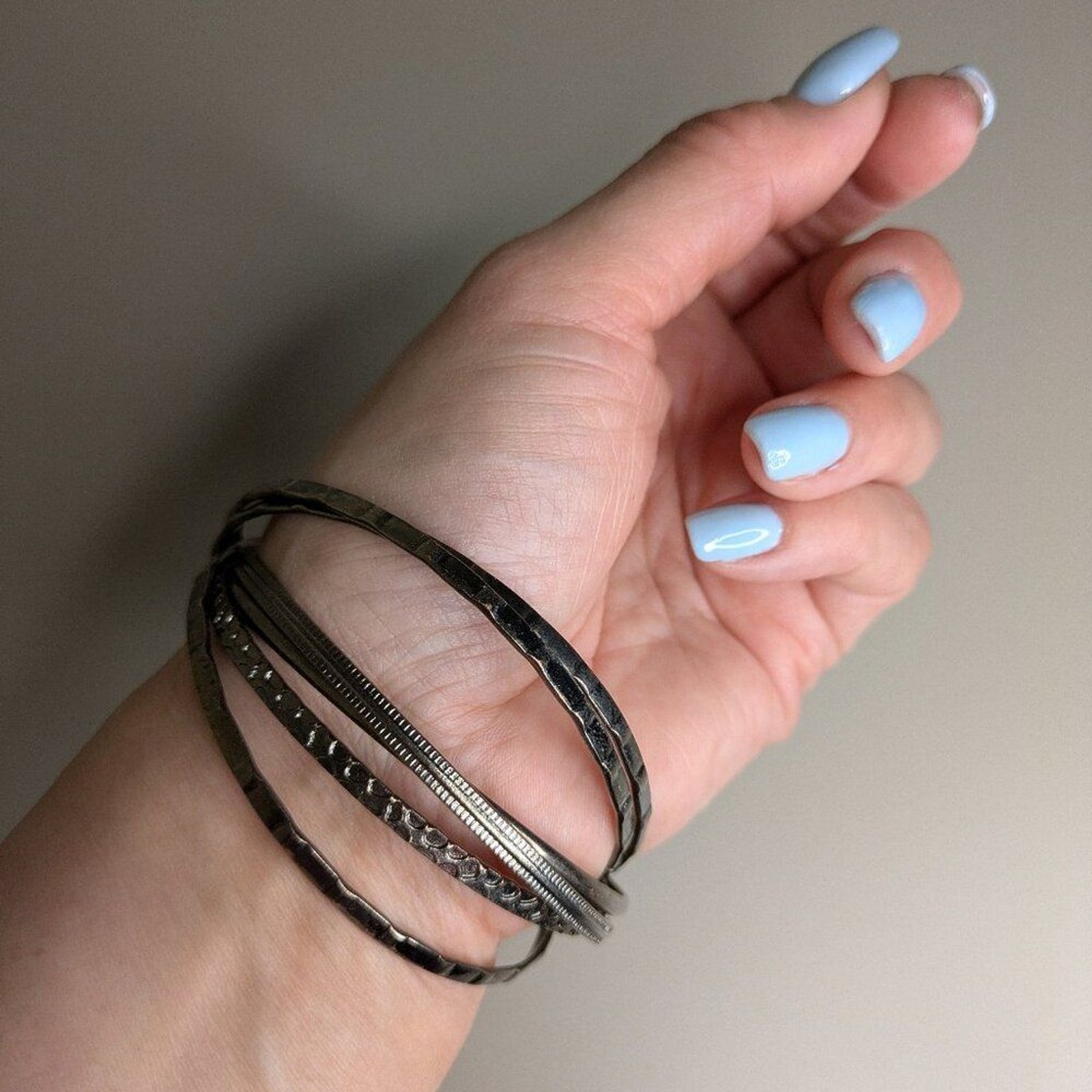 Gunmetal Silver Bangle Set Textured Stack Bracelets Slim Layered Bangles